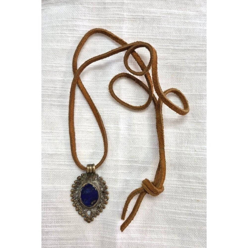 Antique Tribal-Style Blue Stone Pendant On Brown Leather Cord Necklace - Picture 11 of 14